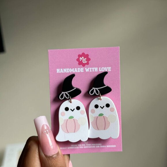 Cute Ghost Witch Earrings | Pastel Halloween Pumpkin Jewelry - Picture 4 of 4